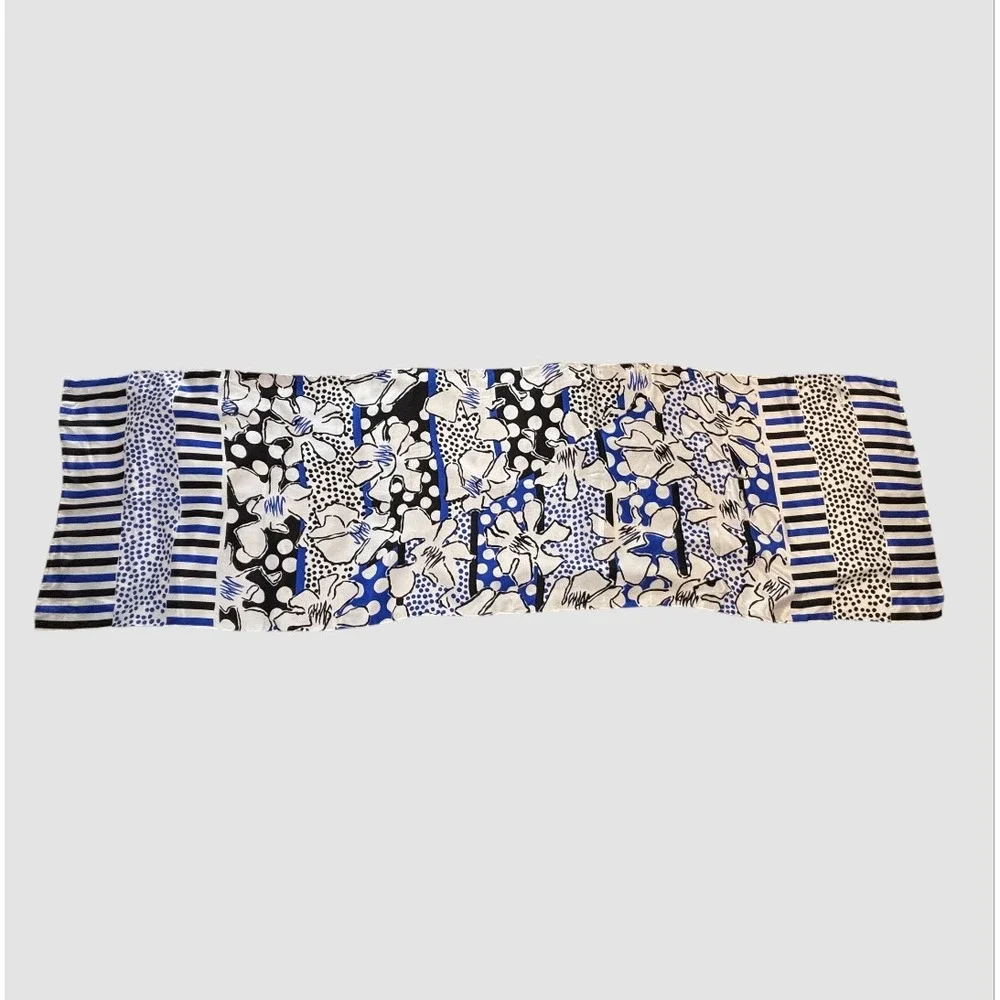 Vintage‎ Echo Silk Scarf Womens Blue Black White Floral Polka Dot Striped 57x17